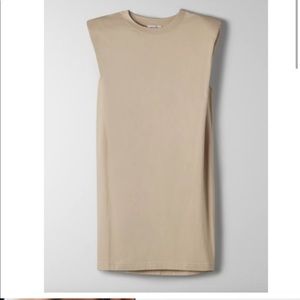 Aritzia BABATON Shoulder Pad Dress Tan